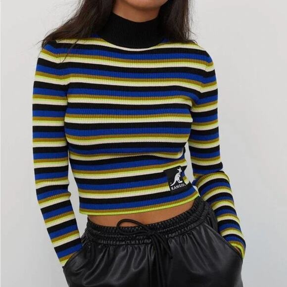 Kangol x H&M Medium Mockneck Cropped Sweater Retro Stripe 80s Blue Green Hipster - Picture 1 of 13